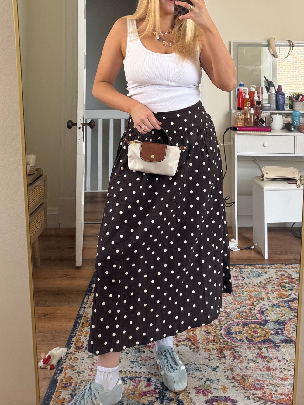 Aerie Polka Dot Midi Skirt in Black